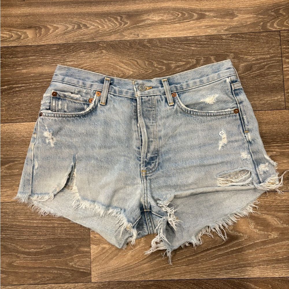 Agolde Distressed Light Blue Denim Shorts Size 26 Button Fly